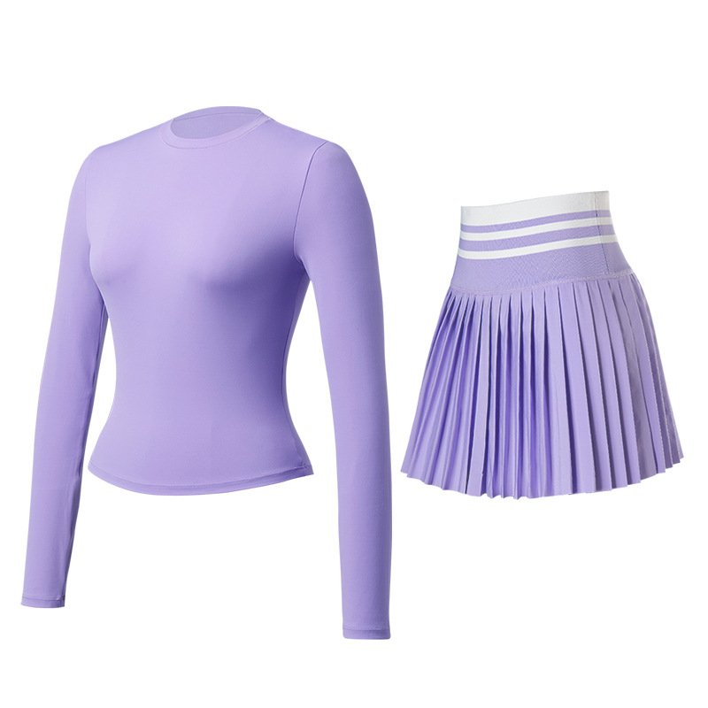 Trajes deportivos, trajes de yoga cortos, mangas largas, falda de tenis elástica, secado rápido, delgado, abdomen cerrado, conjunto de camisas de ejercicio.