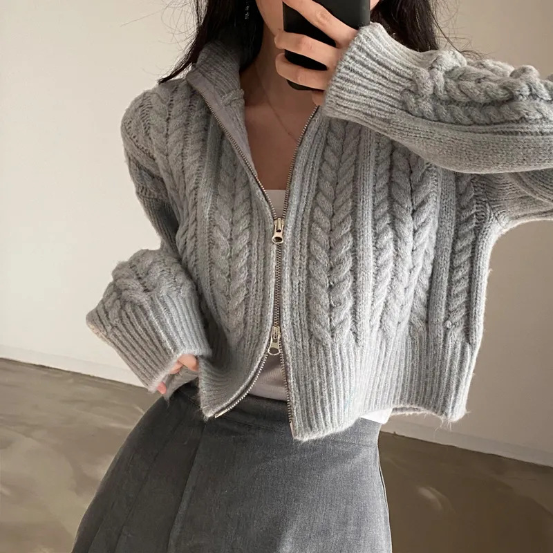 Twist Knit Cardigan Sweater for Women, New Autumn and Winter Style, Lazy Style, Loose Fit, Versatile Short Double-Zipper Knit Jacket, Trendy Top