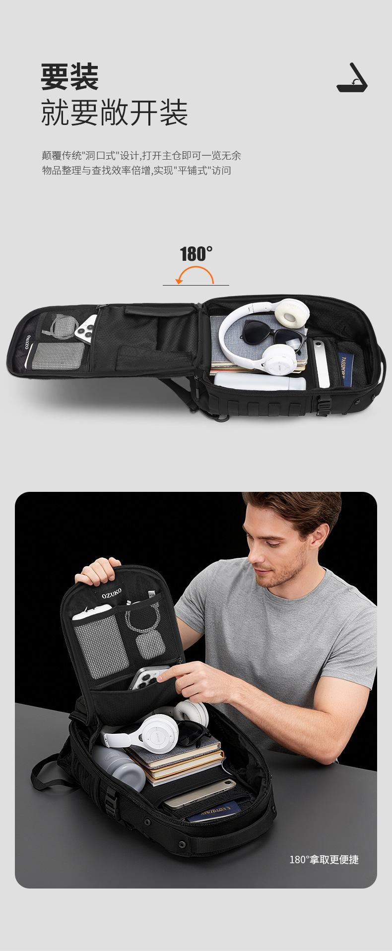 OZUKO Functional Chest Bag Crossbody Bag Expandable Multi-pocket Adjustable Shoulder Strap Men's Outdoor Cycling Single Shoulder Bag