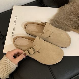 Toe Slippers Women's 2023 New Soft Bottom Round Toe Retro Suede Burken Shoes Women's Flat Casual Lazy Muller Shoes