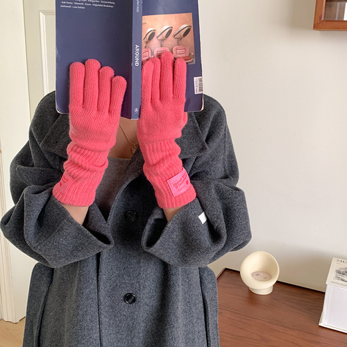 Long wool gloves for women, knitted with letters and car logos, warm, college style, five-finger, suitable for cycling men