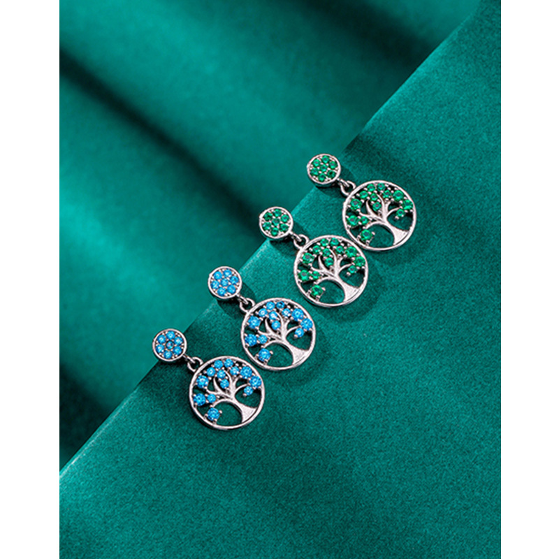 Europa y América transfronteriza Mori vida árbol pendientes S925 plata esterlina con incrustaciones de circón pendientes femeninos nicho diseño pendientes redondos
