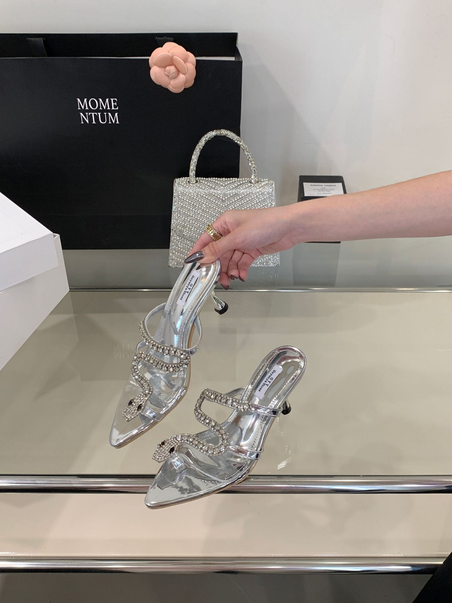 Stiletto Heels Rhinestone Silver Sandals For Women Open Toe_voghion.com