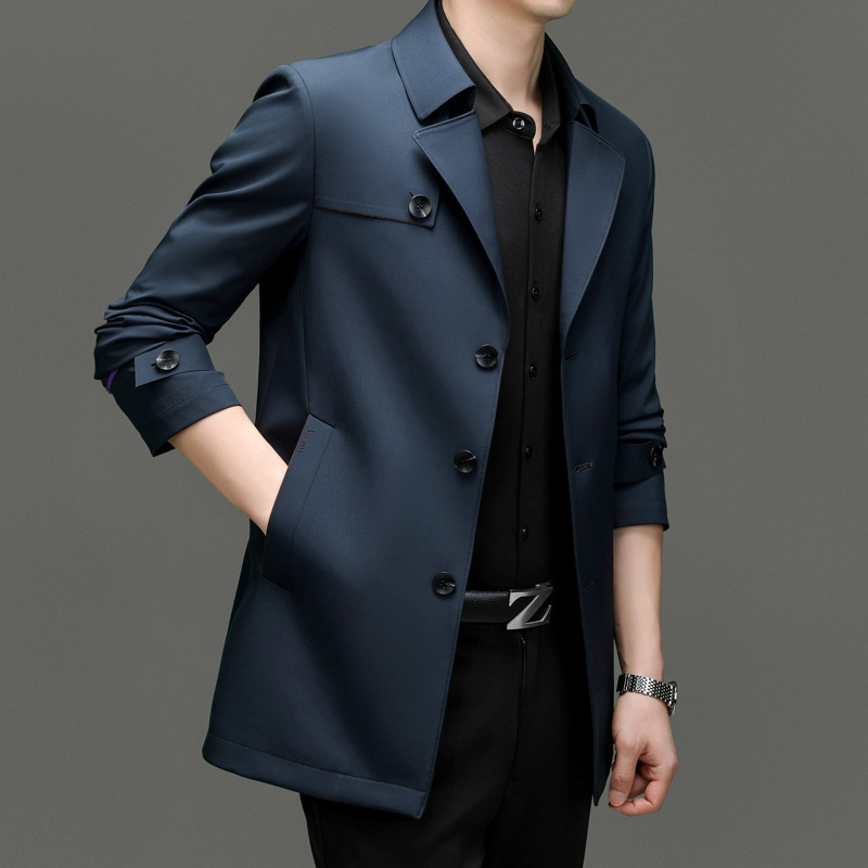 Spring and Autumn Men's Windbreaker Mid-length Business Casual Dress Collar Middle-aged Men's British Style Jacket Non-iron Top Jacket