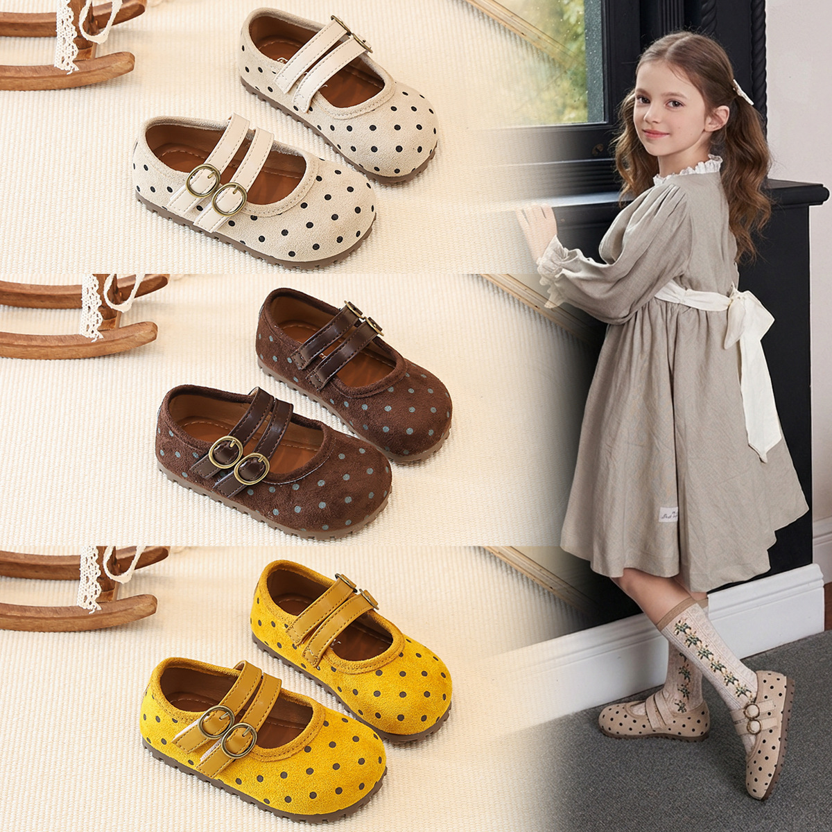 Zapatos de cuero casuales para niños 2026 primavera y otoño nuevo punto de onda bebé princesa zapatos bolken con suela suave zapatos de niña simple image 1