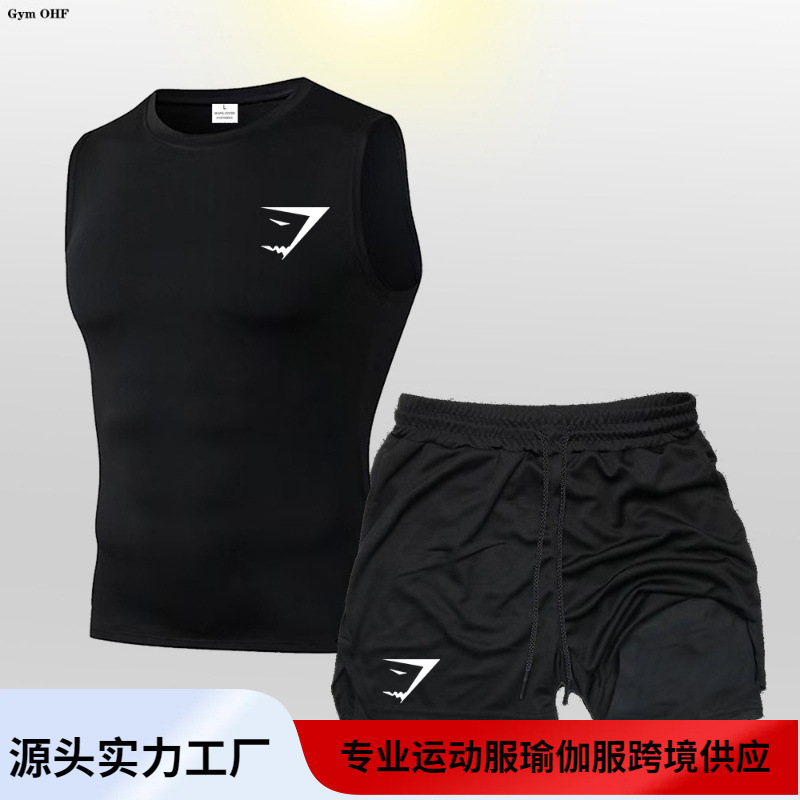 Gymshark New Men's Double-Layer Shorts and Vest Set Quick-Drying Top Moisture-Wicking Gym Two-Piece Set