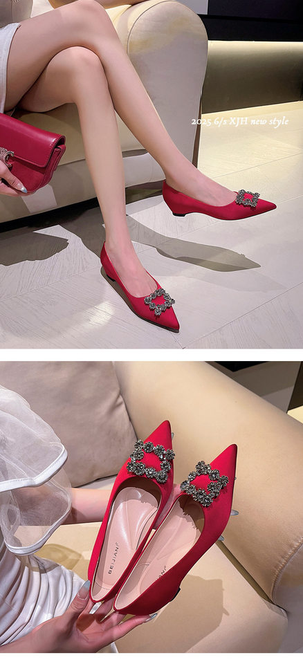 Giày lười nữ mũi nhọn gót nêm độn cao bên trong bằng vải satin — Màu hồng nude, Màu vàng gừng, Màu đen, Màu đỏ chi tiết 12