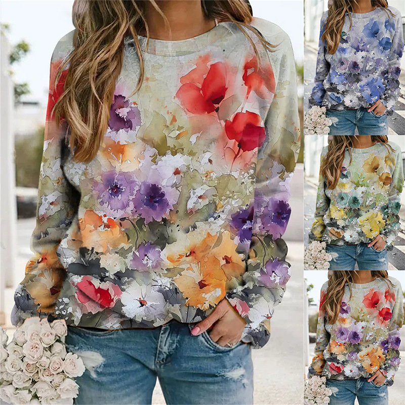 Elegant Flower Polyester Round Neck Long Sleeve Regular Sleeve Printing Hoodie