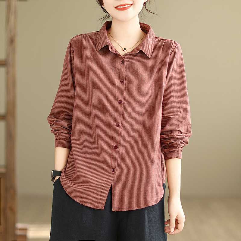 Real shot original new cotton double-layer veil long-sleeved shirt Women's solid color striped retro temperament bottoming shirt top