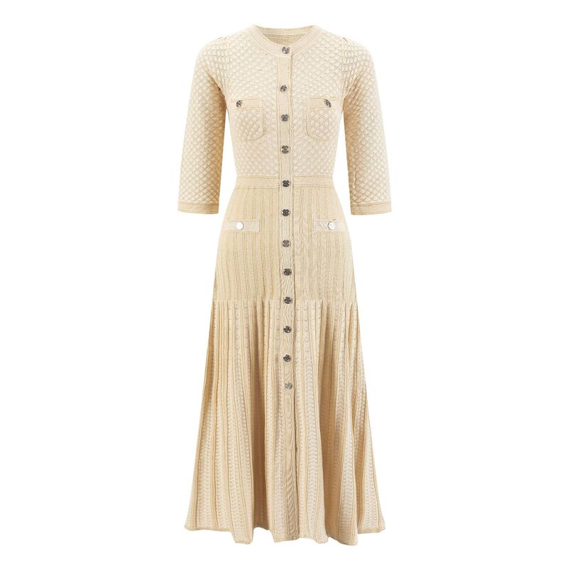 French Sd Champagne Color Waist Long Skirt 24 Autumn Gold Thread Round Neck Crochet Single-Breasted Cut Out Slim Knitted Dress