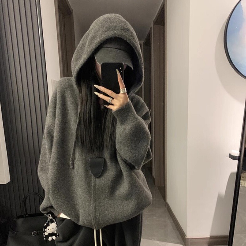 Autumn and Winter Korean Hooded Gray Zipper Sweater for Women 2025 New Style with Lazy Design Cardigan Sweatshirt Jacket