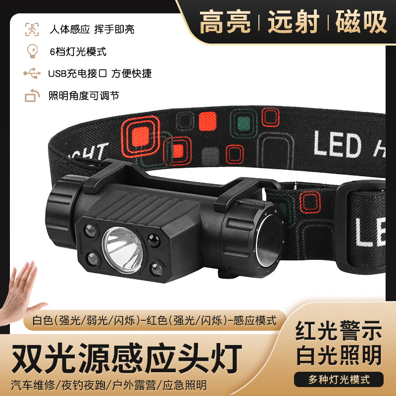 双光源头灯强光远射户外夜钓鱼修车手电筒露营磁吸照明应急警示灯