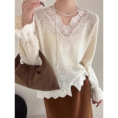 軽いフランス-レースの彫刻の工芸の花の袖のメリヤスの上着のvネックはやせているレースの底の服の女性の中でa 3286を掛けます。