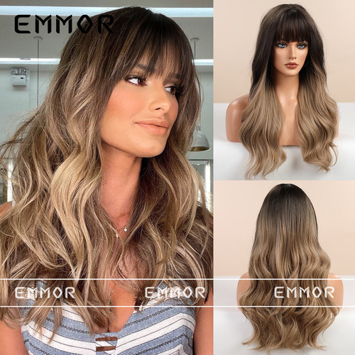 Amazon's best-selling style air bangs big wavy long curly hair gradient brown black brown multi-color European and American wig for women