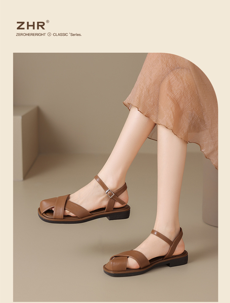 Sandal nữ quai ngang kiểu La Mã phong cách Pháp, mũi hở bán bít, đế bằng thoáng khí — KN38 màu be chi tiết 18