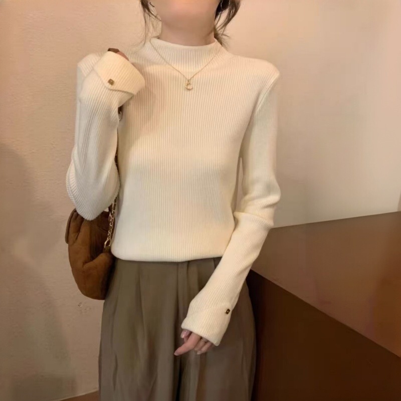 Elegant autumn and winter women's sweater base layer, long-sleeved, versatile, slim-fit, pullover, half-high collar, solid color knit top Elegant autumn and winter women's sweater base layer, long-sleeved, versatile, slim-fit, pullover, half-high collar, solid color knit top