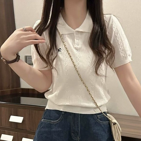 Дизайнерская нишевая трикотажная футболка с вышитым бантом и воротником-поло, женская летняя короткая футболка с короткими рукавами