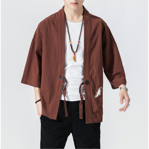 Verano estilo chino pluma tejida túnica Hanfu hombres cárdigan algodón y lino kimono japonés lino camisa de manga tres cuartos