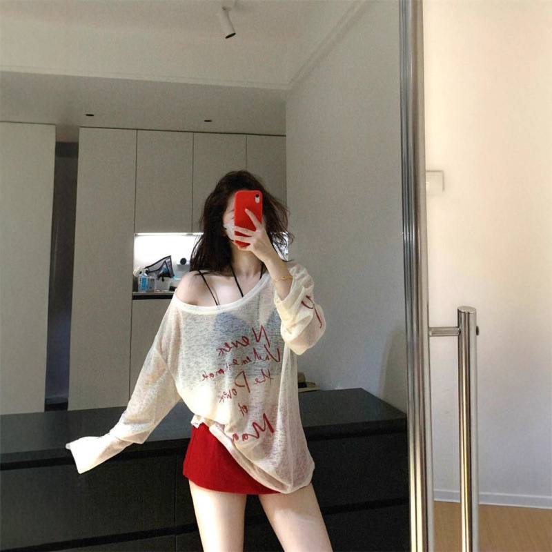 Summer Sun Protection Blouse for Women 2025 New Autumn Long-Sleeved T-Shirt Sexy Loose Unique Off-Shoulder Slanted Shoulder Top for Women