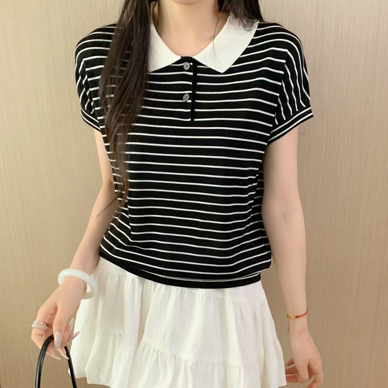 Polo Half Open Collar Sweater Women's Summer New Lyocell Tens Striped Short Sleeve T-Shirt Base Shirt Top