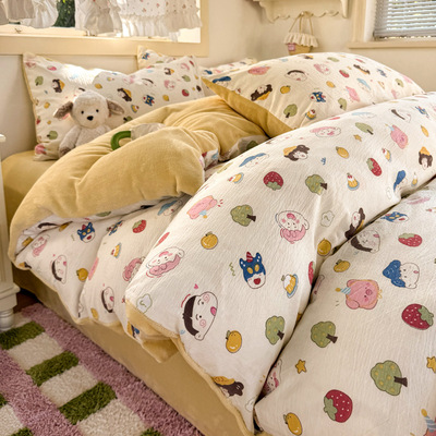 new pattern Cartoon double-deck milk Four piece suit Close keep warm student dormitory Three Bed cover bedding