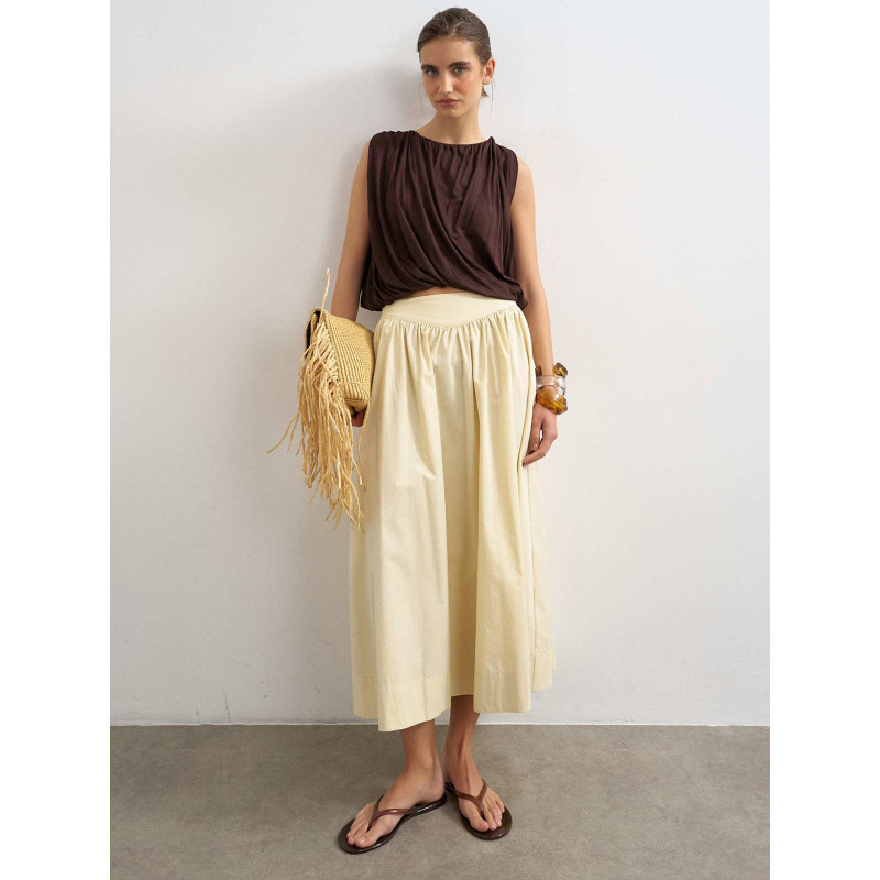 High-Waisted, Fully Pleated, Mid-Length Skirt with Adjustable Waistband, Loose Wide Hem, Cotton A-Line Seven-Quarter Skirt