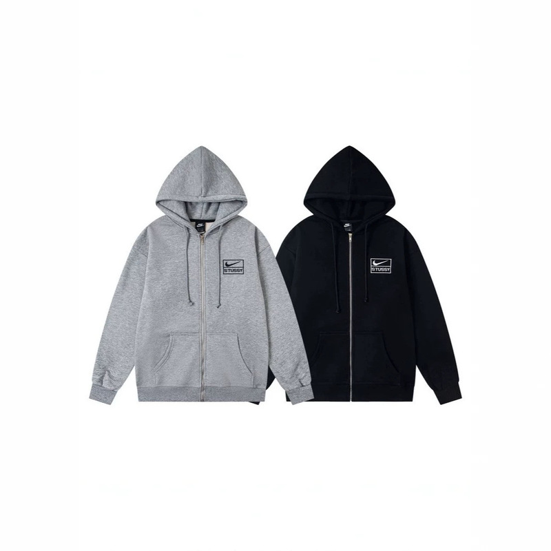 Cross-Border Trendy Brand Stussy Logo Embroidered Full-Zip Drawstring Hooded Sweatshirt Jacket, Unisex