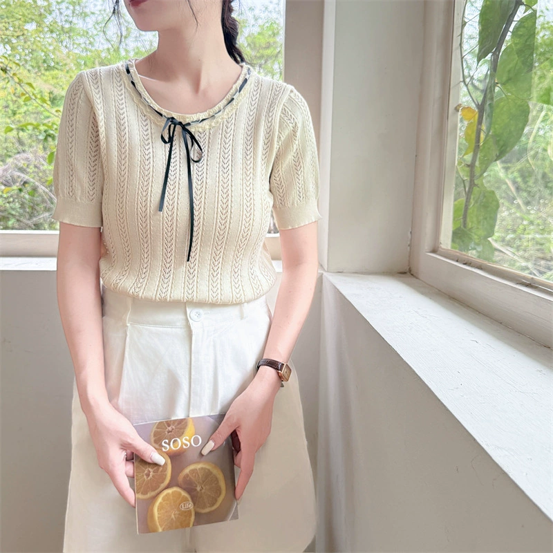 4-цветный японский и корейский летний топ 2025 года с коротким рукавом из французского кружева для женщин с уникальным и изысканным дизайном.