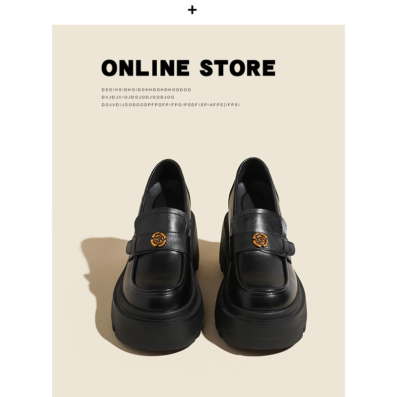 Women's Genuine Leather Thick-Soled Loafers with Internal Height Increase, Thick High Heels, Slip-On Shoes, Camellia Black British Style Small Leather Shoes