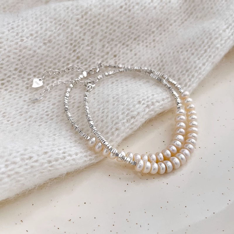 S925 Broken Silver Couple Sterling Silver Bracelet Women's Natural Freshwater Pearl Bracelet Light Luxury Niche Design Bracelet Bracelet