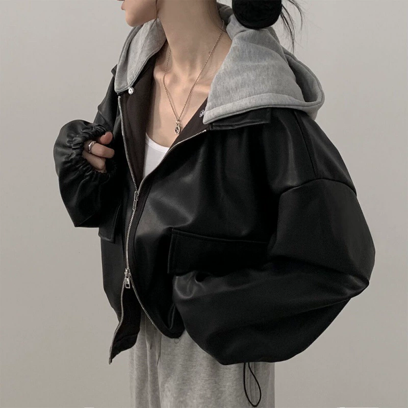 Короткая ретро-куртка-худи (для женщин),Oversize демисезонная с молнией, корейский западный стиль