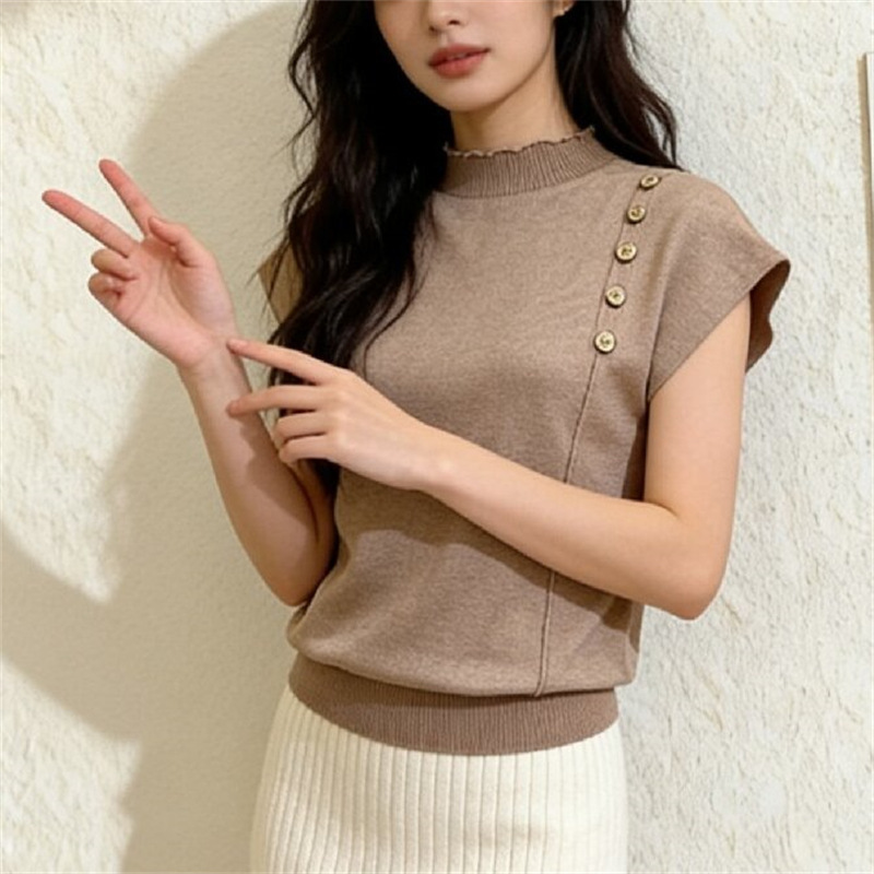 Spring and Summer New Style Round Neck Rolled-Edge Knit Sweater for Women, One-Shoulder Short-Sleeved Solid Color High-End Knit Sweater Top Spring and Summer New Style Round Neck Rolled-Edge Knit Sweater for Women, One-Shoulder Short-Sleeved Solid Color High-End Knit Sweater Top
