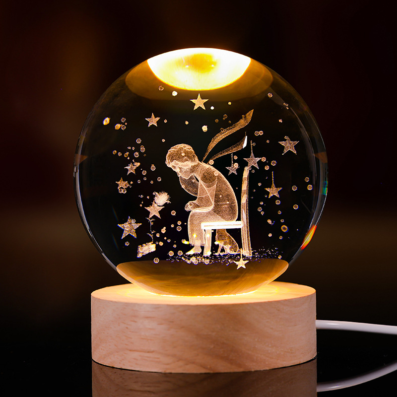 Bola de cristal luminosa lámpara de noche 3D esculpida estrella base de madera sólida regalo de cumpleaños decoración de escritorio creativa