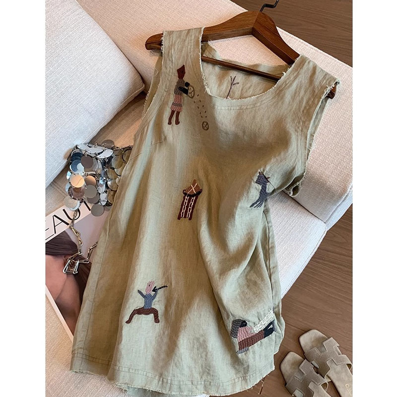 オールドマネースタイル漫画刺繍ラミーノースリーブトップ女性の夏の新しいデザインレトロルーズカジュアルアウターベスト|undefined