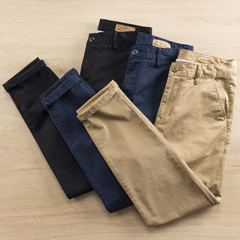 Spring and Autumn Cockwork Pants Micro-elastic Khaki Durable Work Casual Pants Retro Washed American Long Pants Solid Color Men's Pants
