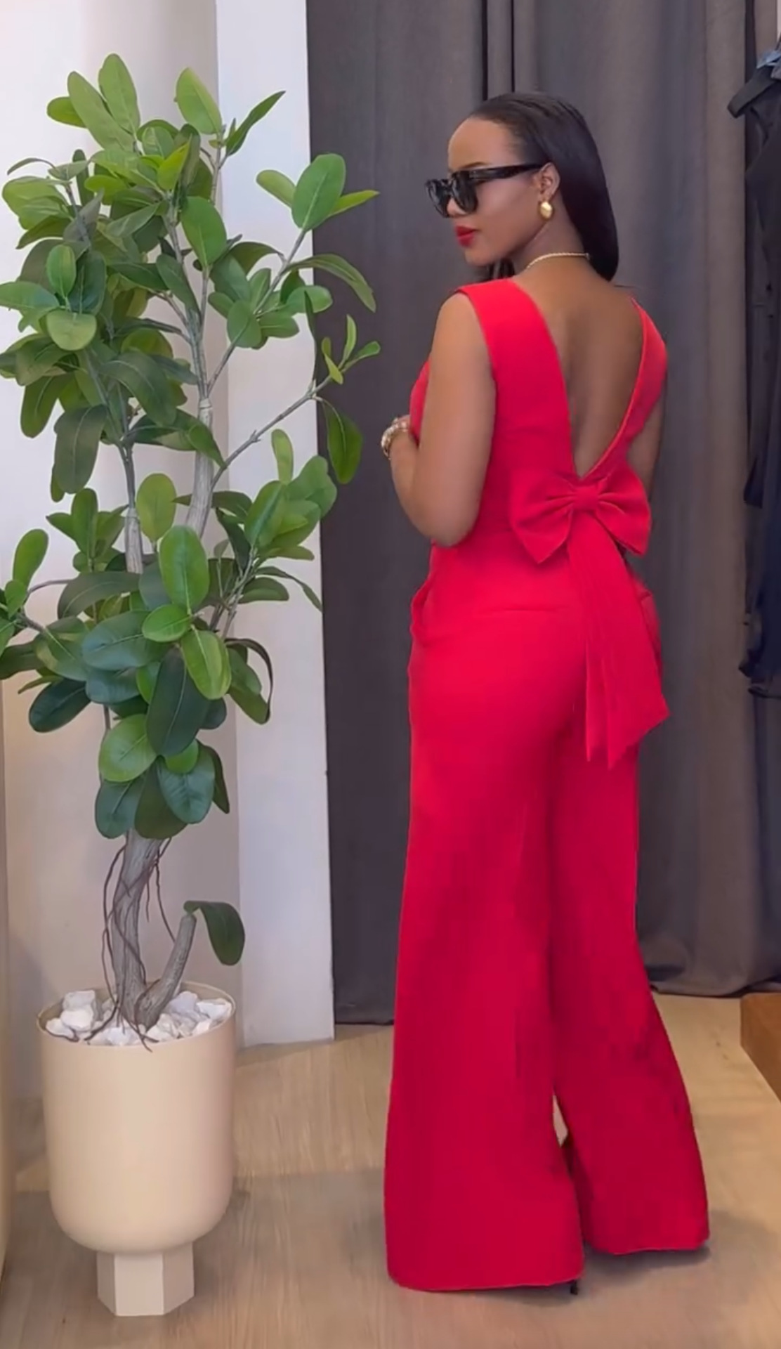 Women Clothing Spring Solid Color Backless Bow Top Wide Leg Trousers Casual Suit