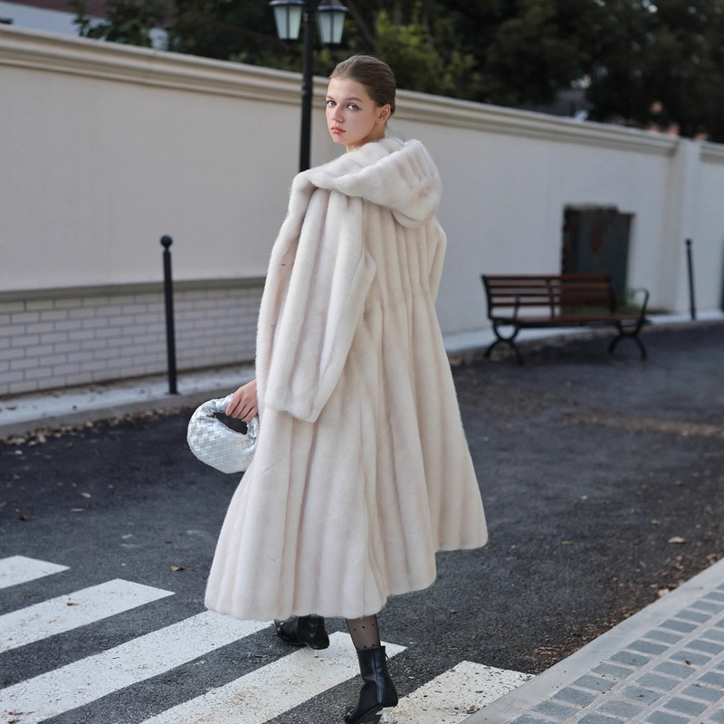 Elegant Hooded Mink Fur Long Thick Coat, Velvet White, Waist-Cinching, Slimming, Eco-Friendly Fur Integrated Jacket