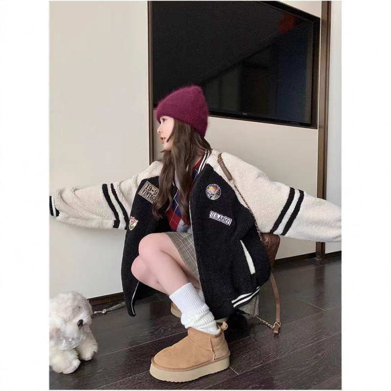 春秋加厚韩版羊羔绒冬季拼接羊羔毛外套女保暖情侣棒球服学院风|undefined