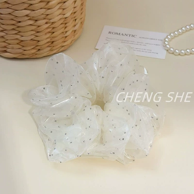 Korean-Style Large Mesh Scrunchie with Fine Glitter and Rhinestones, Polka Dot Design, High-End Ponytail Hair Tie Accessory (Saç üçün rezinlər) - fq707-gauze-starry-sky-hair-tie-off-white
