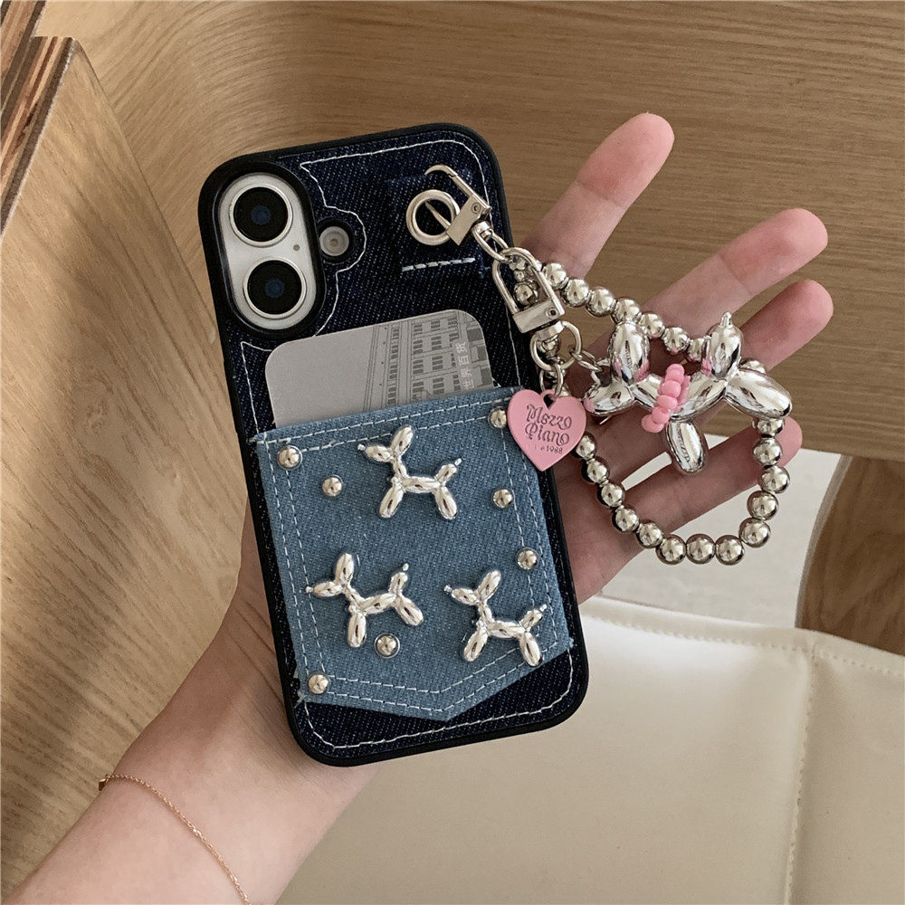 Niche Balloon Dog Cartoon Phone Case Suitable for Apple 17/16/15Pro Denim Pocket Case Iphone14/13