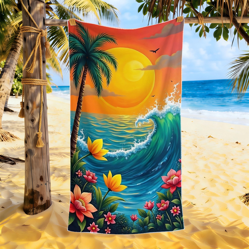 TEMU's best-selling cross-border beach towel with sunset scenery print, ultra-fine fiber, absorbent, coconut tree design, vacation bath towel TEMU's best-selling cross-border beach towel with sunset scenery print, ultra-fine fiber, absorbent, coconut tree design, vacation bath towel