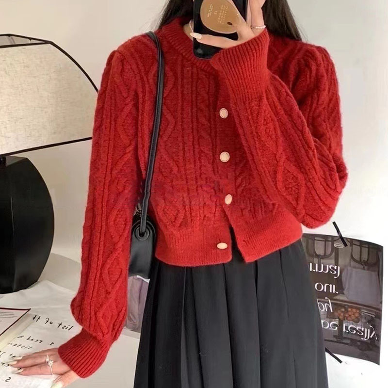 Cuello redondo de punto cardigan 2023 Otoño Nuevo estilo Coreano giro diseño flojo color sólido corto nicho suéter para las mujeres image 5