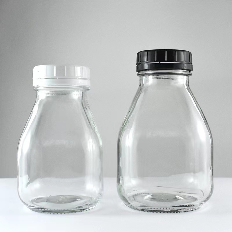 新款矮方锥形玻璃饮料瓶 一次性鲜牛奶塑料防盗盖 果汁奶茶酸奶瓶
