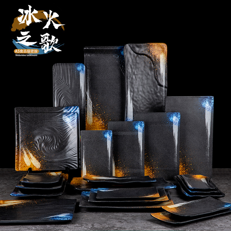 멜라민 일본식 로티세리 직사각형 접시 창조적 인 바베큐 스시 접시 모조 도자기 빈티지 냄비 레스토랑 식기 상업