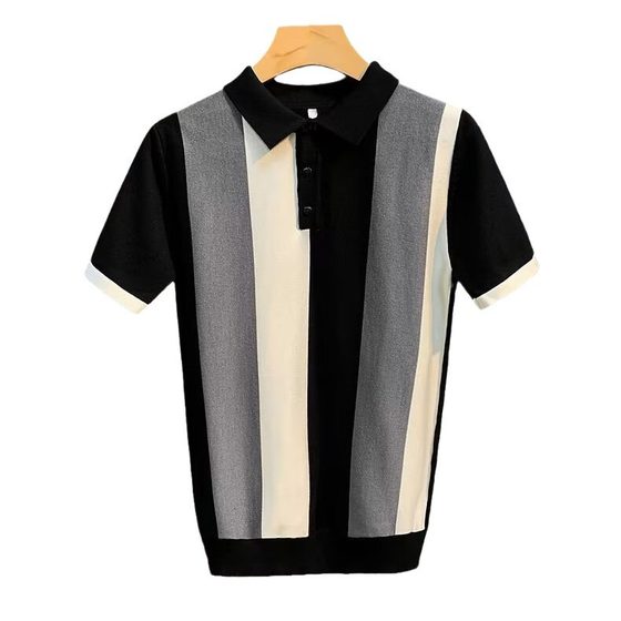 Summer New Ice Silk Stripe Lapel Short-sleeved Sweater Men's Fashion Youth Trendy All-match Casual Top Trendy