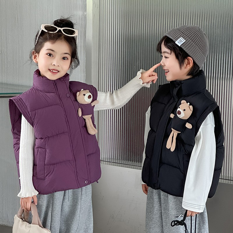 Children's 3D Cartoon Bear Cotton Vest, Winter Girls' Thickened Outerwear Solid Color Casual Vest Jacket