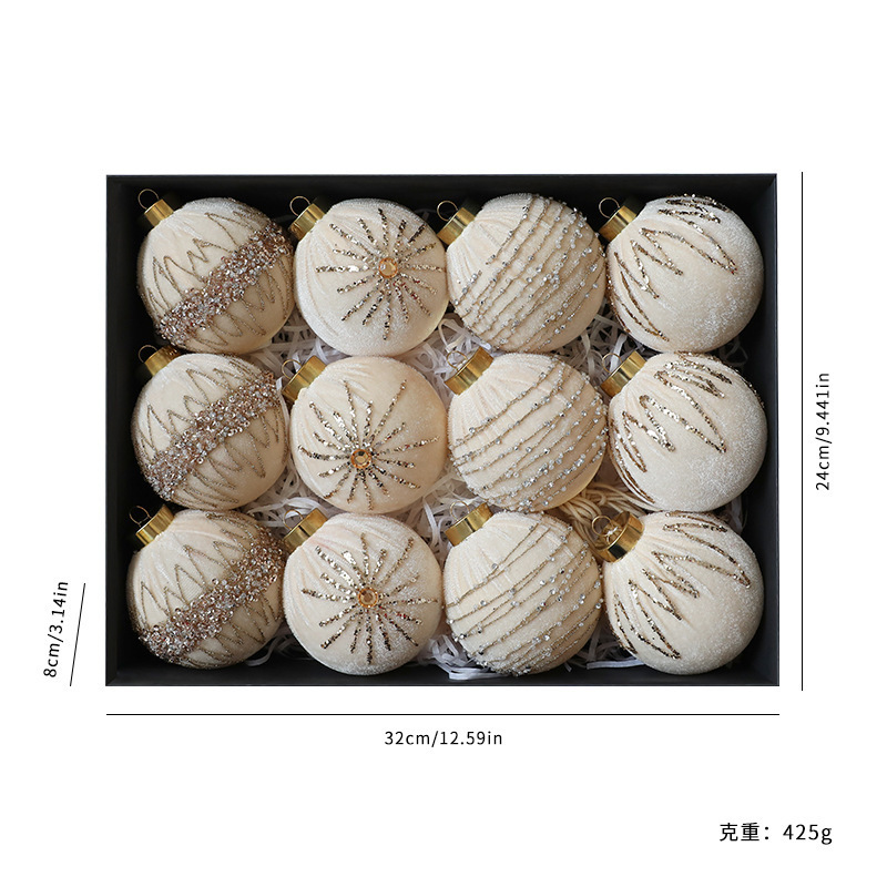 8CM/12PCS闪钻丝绒包布圣诞球套装 diy圣诞树装饰球橱窗挂饰现货|undefined