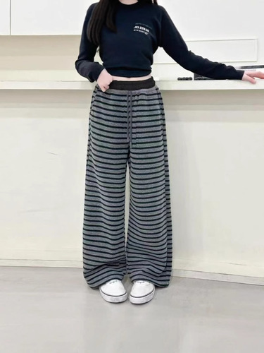 Women's Spring and Autumn Striped Casual Trousers for 2025 Trendy, Loose Hiding Thigh Slim Straight Leg Pants Korean Style Fashion Kids Pants
