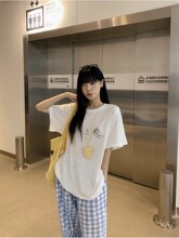 天使印花薄款短袖T恤女夏2025新款慵懒风气质蓝色格子休闲裤套装