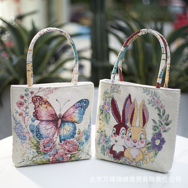 New Ethnic Style Handbag Sand Cloth Embroidered Bag Fresh Casual Double-Sided Gold Silk Embroidered Small Cloth Bag Hanfu Bag